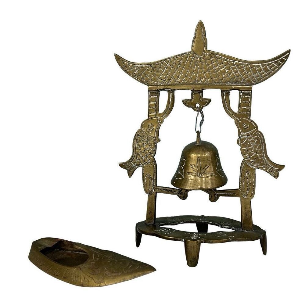 Lot Of 2 Vtg Brass Art Oriental Pagoda Bell Tower & Engraved Brass Slipper Shoe